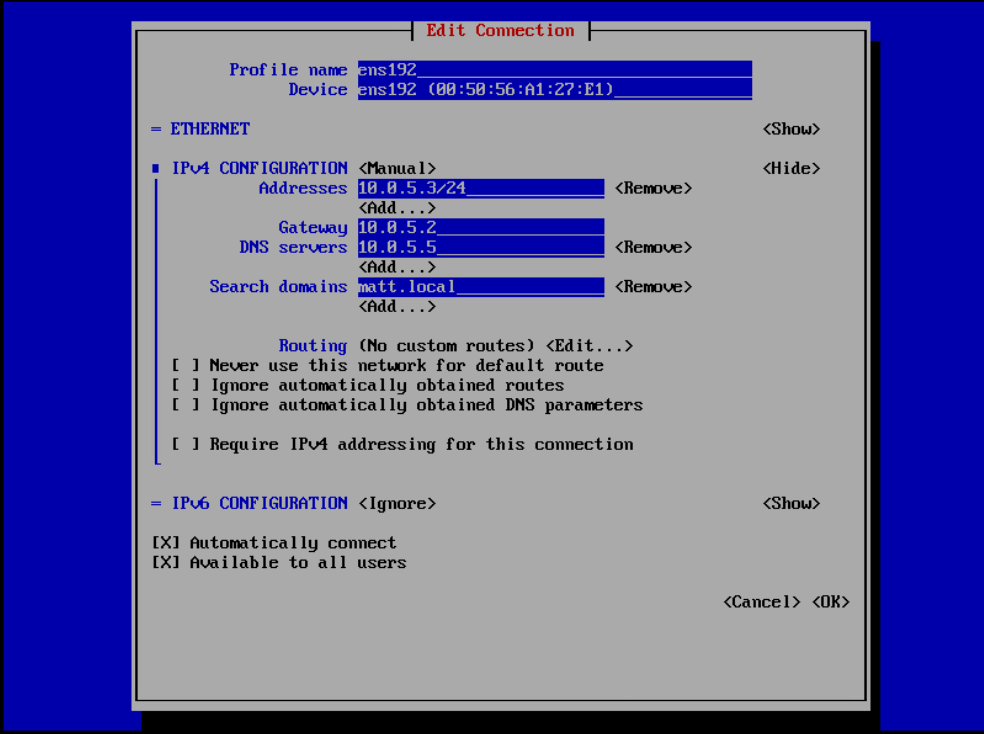 nmtui config for ens192