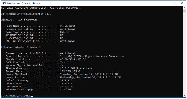 results of ipconfig command